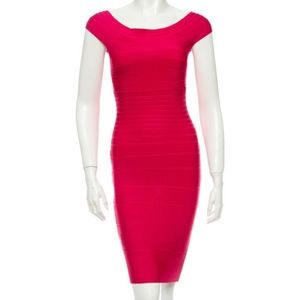 Herve Leger pink off the shoulder bandage dress